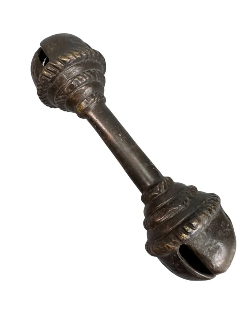 Antique Brass Baby Rattle Double Bell Primitive Nursery Decor 6 Inch 13 Oz - Picture 9 of 10